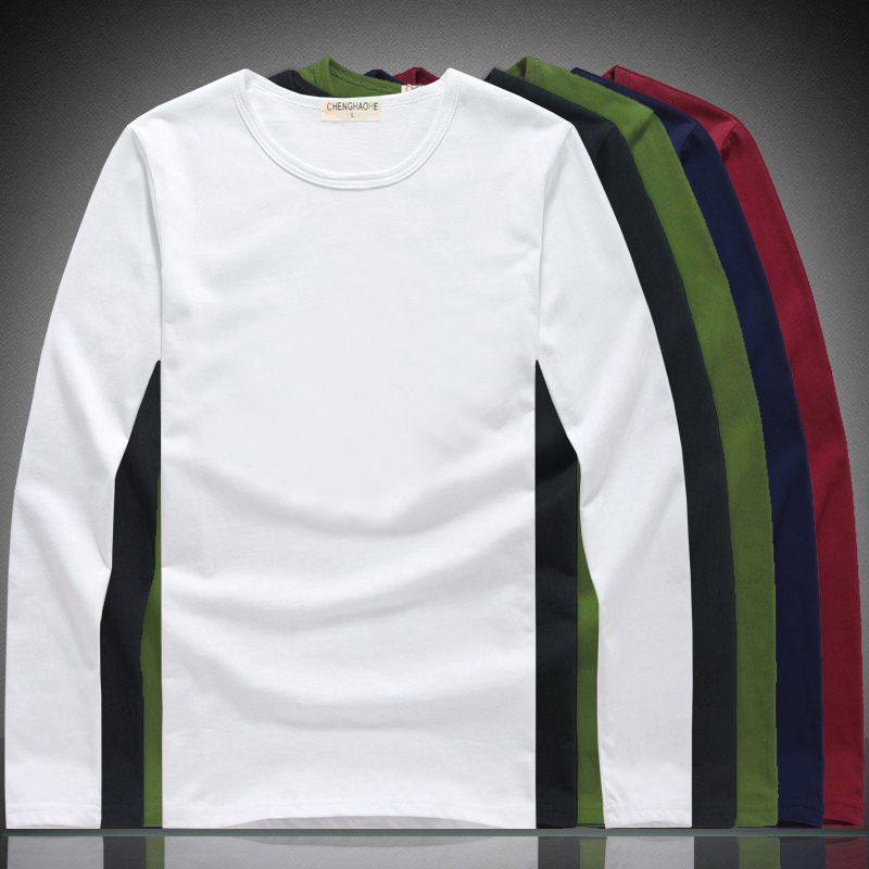 男士长袖T恤弹力打底衫空白纯色圆领上秋衣服纯白潮韩版修身秋装