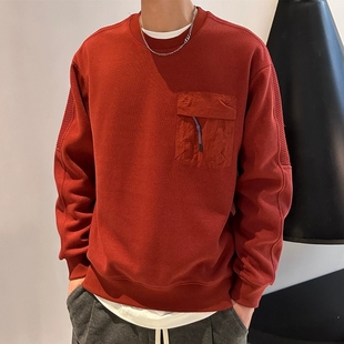 美式复古枣红色卫衣男士秋冬季加绒无帽长袖打底衫男潮牌重磅外套