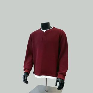 重磅枣红色假两件卫衣男秋冬季潮牌简约无帽上衣服加绒长袖打底衫