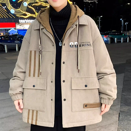 假两件羊羔绒外套男生秋冬季2024新款加绒加厚美式工装夹克棉衣服