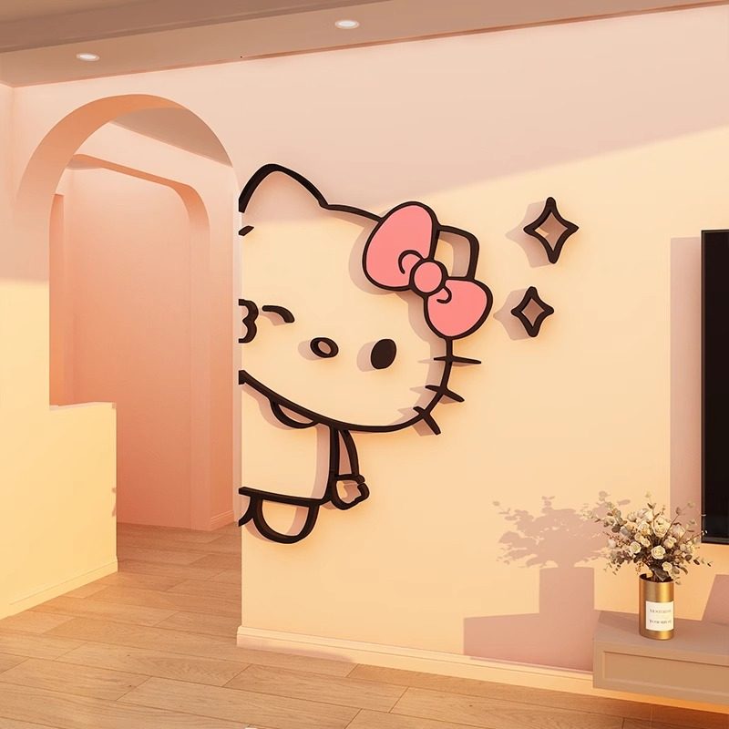 hellokitty卡通客厅电视机背景墙面布置大白转拐角贴画沙发装饰纸