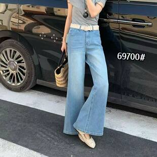 宽松筒裤 9700时尚 女显瘦弹力浅蓝色高腰喇叭裤 牛仔筒喇裤 春夏新款