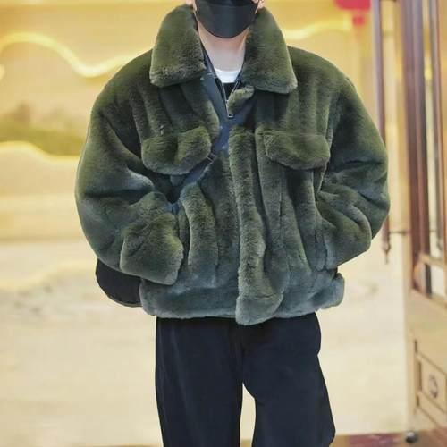 抗寒保暖潮流时尚明星同款毛毛绒外套男士冬季加厚时尚仿兔毛大衣