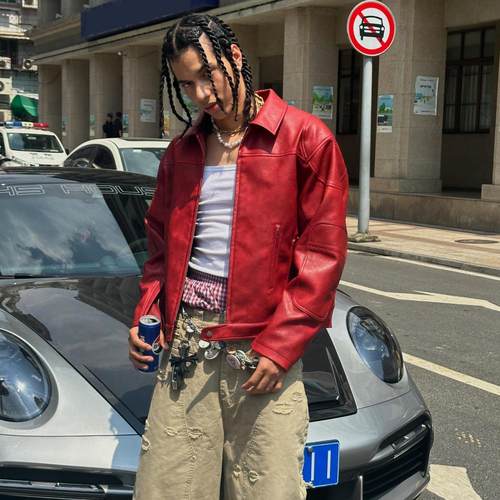 李承协同款勃艮第红色短宽版皮衣