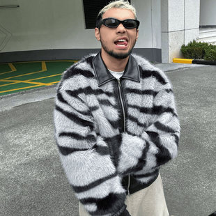 痞帅2025新款斑马纹男冬季保暖加厚男士外套毛毛绒仿皮草大衣潮流