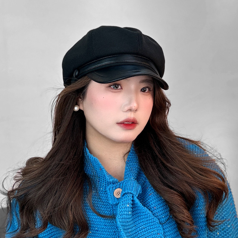［大头阿枝］秋冬女网红时尚百搭画家帽鸭舌斜边帽檐显脸小八角帽