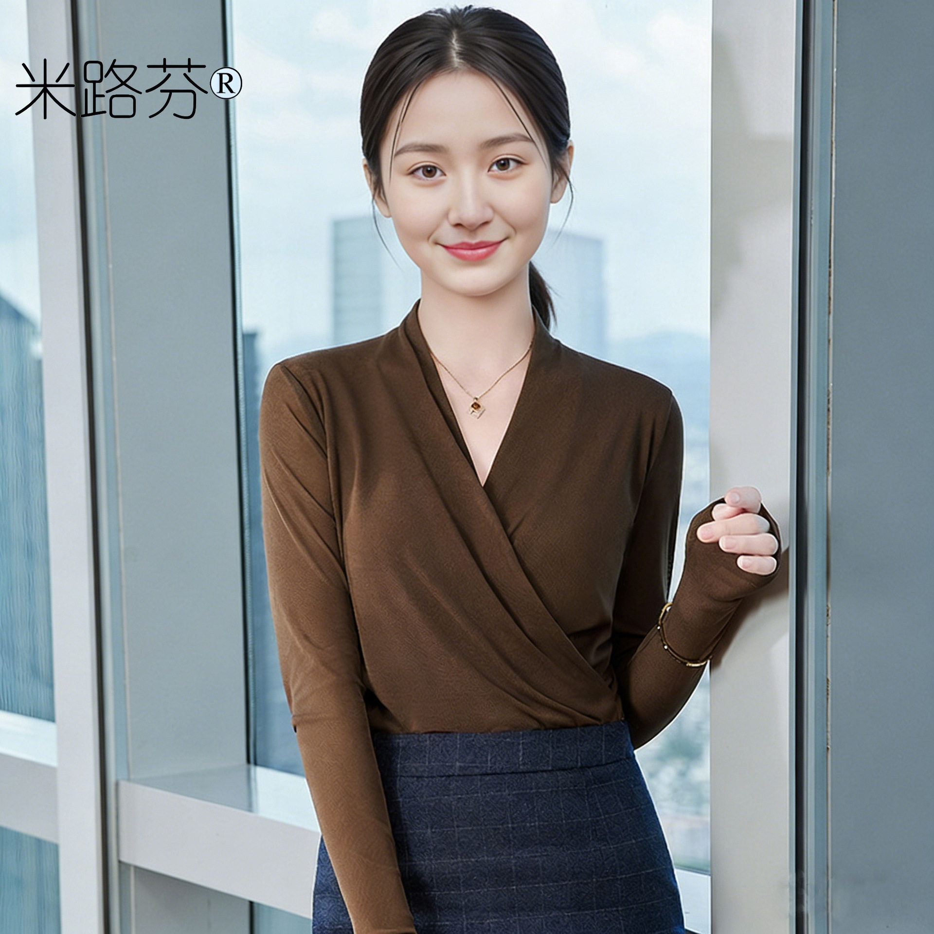 显瘦时尚洋气女人味修身V领内搭气质褶皱弹力长袖打底衫上衣外穿