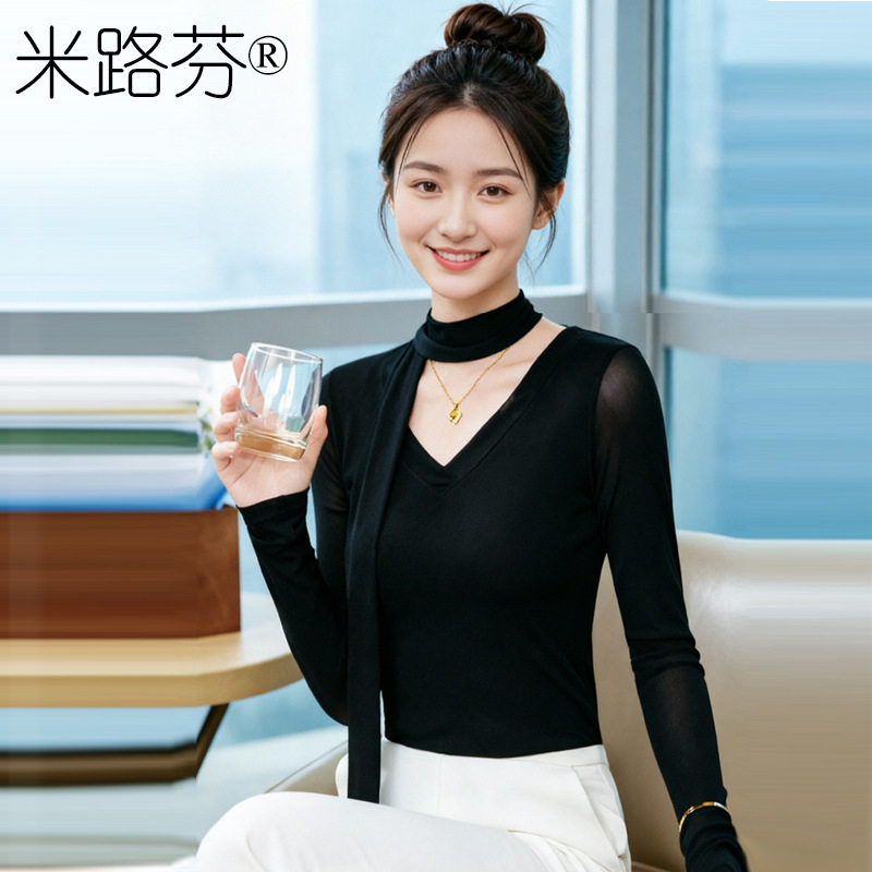 外穿网纱打底衫内搭春秋V领洋气修身上衣女新款时尚黑色长袖t恤