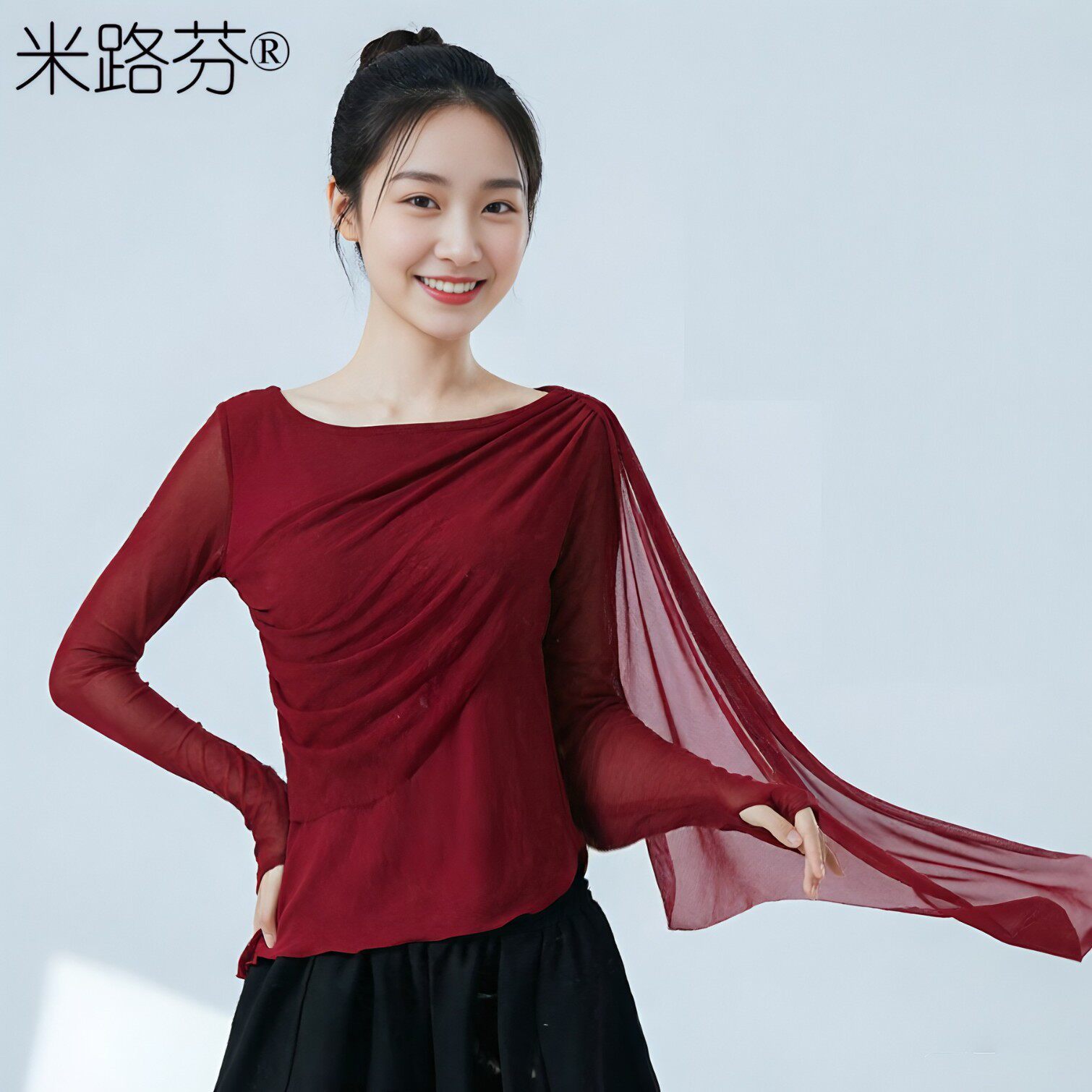 广场舞气质古典舞长袖修身飘纱形体练功服现代舞表演跳舞上衣中袖