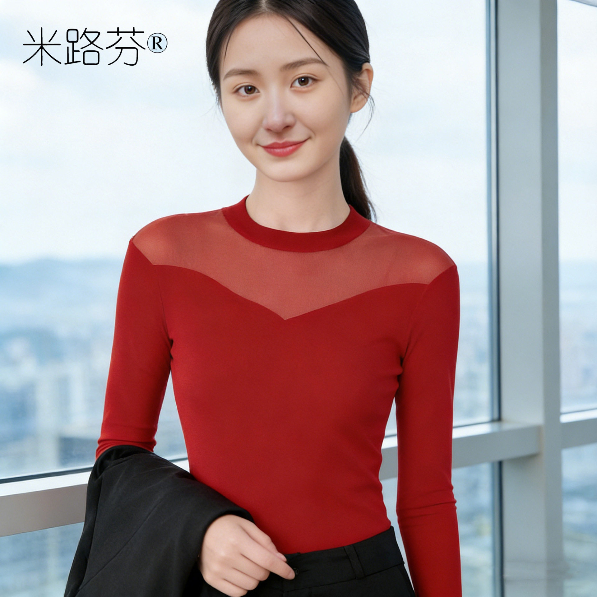 红色网纱长袖打底衫女时尚气质女士内搭百搭t恤蕾丝透气跳舞上衣