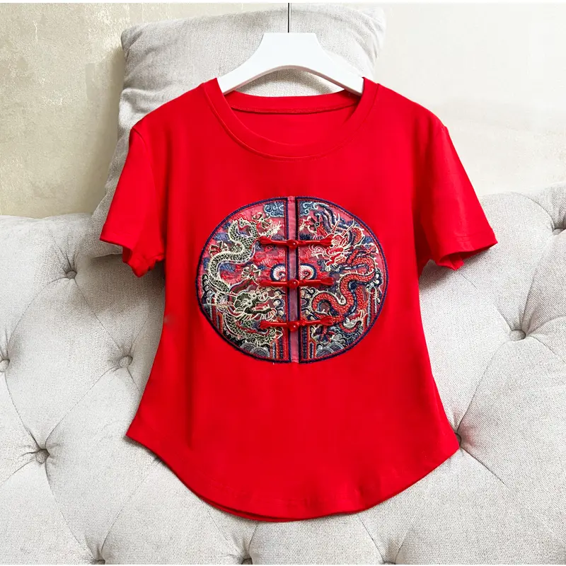 广场舞服装新中式国风刺绣短袖T恤女夏季民族风大码休闲跳舞上衣