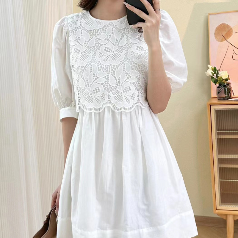 2023春夏白色蕾丝花边连衣裙女丝棉高腰娃娃裙少女学生减龄a字裙