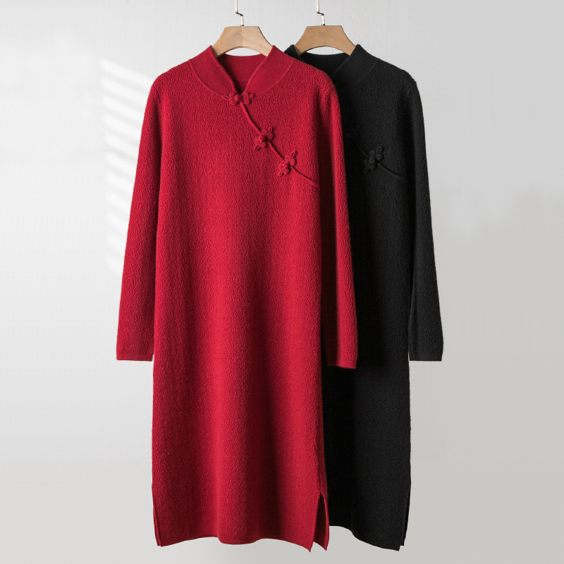 2023冬季新款山羊绒新中式长袖旗袍女本命年红遮肉及膝连衣裙