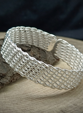 贵州手工银饰999足银手工编丝麻花宽面开口银手镯女苗族银饰