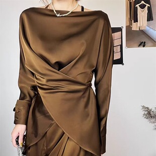 一字肩收腰绑带醋酸上衣 衬衫 秋季 高贵通勤OL气质轻奢丝质缎面长袖