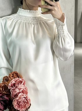 法式浪漫气质打揽立领喇叭袖衬衫上衣丝滑缎面百搭长袖女士衬衣秋