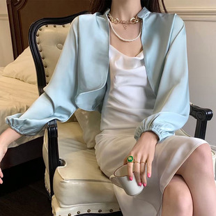 法式优雅气质百搭可拆珠子长袖醋酸披肩开衫短外套女上衣夏防晒衫