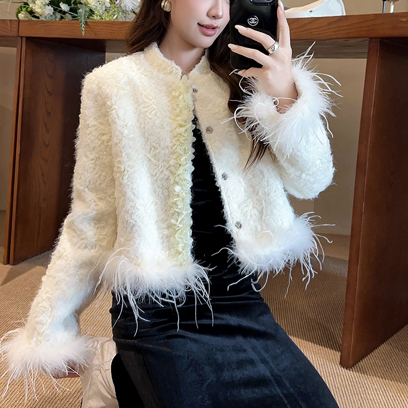 新中式国风立领细闪编织呢短外套