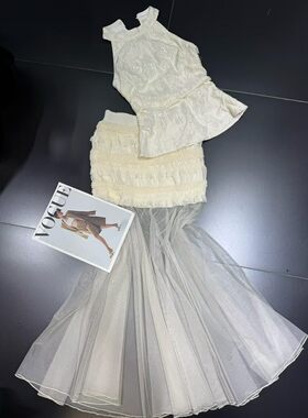 法式挂脖背心上衣女夏季小礼服裙气质收腰包臀长裙两件套装纱裙潮