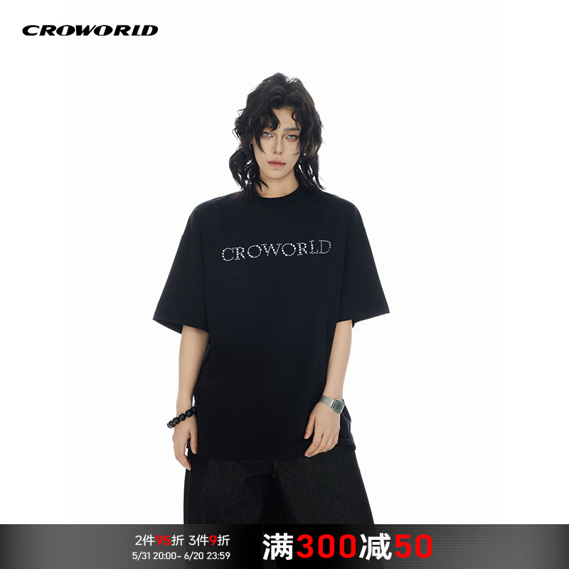 CROWORLD夏季新款镜面异形烫钻图案短袖T恤男女圆领宽松半袖上衣-封面