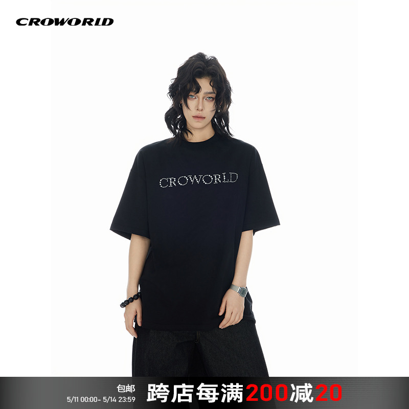 CROWORLD夏季新款镜面异形烫钻图案短袖T恤男女圆领宽松半袖上衣