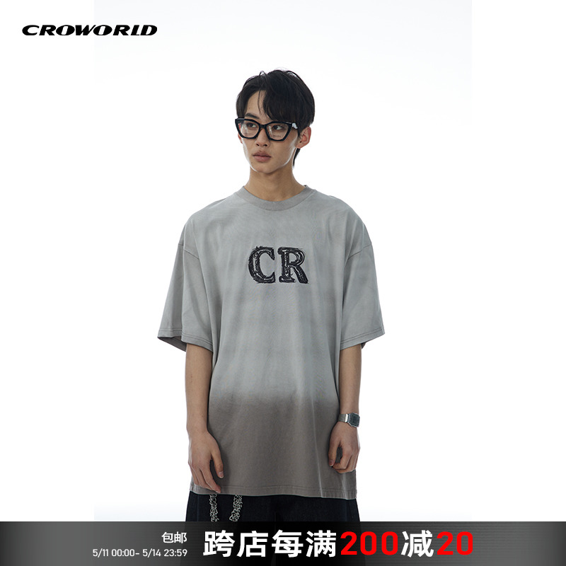 CROWORLD【龙年限定】字母刺绣洗水褪色古着感短袖T恤男女同款