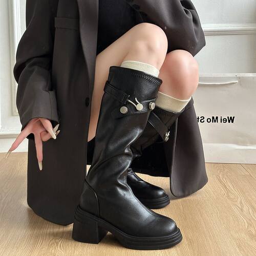 复古西部骑士靴女2026秋冬新款厚底高筒靴 皮带扣显瘦不过膝长靴