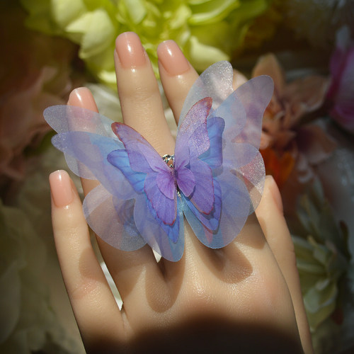 仿真蝴蝶立体紫蝴蝶戒指可调节原创设计小众薄纱轻盈指环主播网红