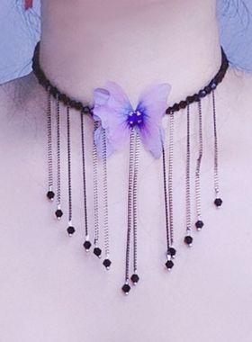 黑晶石尖水晶珠流苏小众锁骨链唯美梦幻森系蝴蝶女颈链项链长吊坠