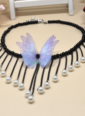 纯手工制作精致品质珍珠流苏项链锁骨链气质显瘦脖子美颈蝴蝶项链