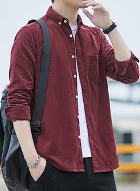 春秋季灯芯绒长袖衬衫男装纯棉保暖衬衣男士宽松加绒加厚条绒外套
