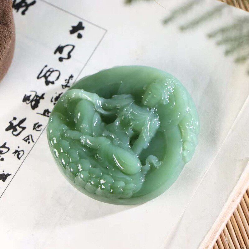 玉器工艺品天然新疆和田玉俄料碧玉老料果绿色莲花观音玉吊坠送证