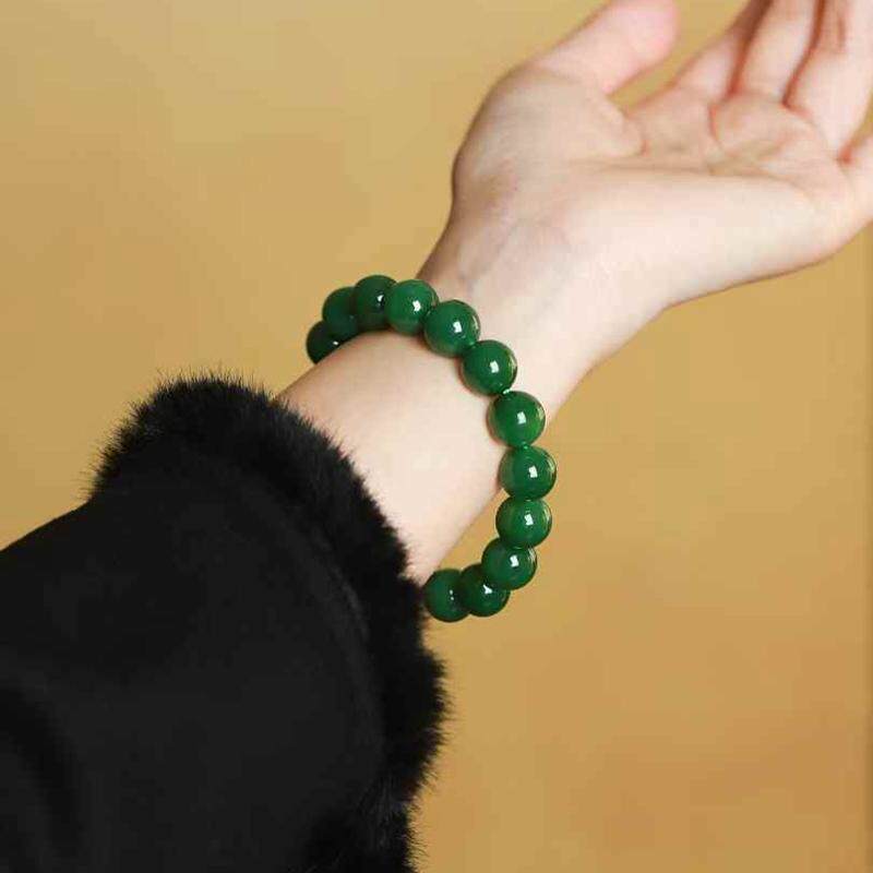 玉器工艺品天然新疆和田玉俄料碧玉老料辣菠菜绿珠圆玉润男女手串