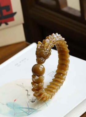 玉器工艺品天然新疆和田玉新疆且末料老料麻糖色龙腾盛世手串男款
