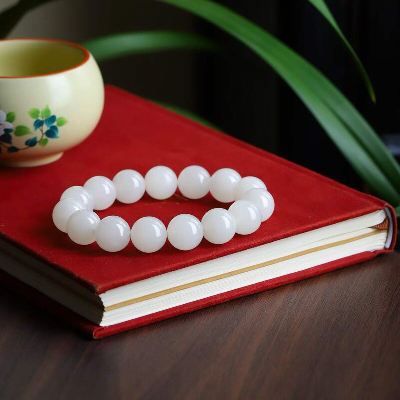 玉器工艺品天然新疆和田玉青海料羊脂玉珠圆玉润羊脂手串手饰带证