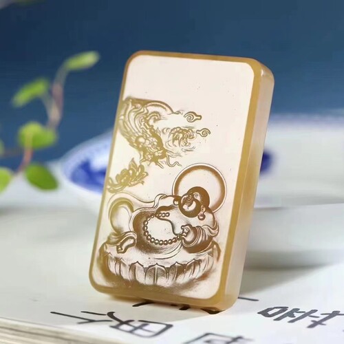 玉器工艺品天然和田玉俄料老料满糖色弥勒笑佛吊坠神龙护主挂件