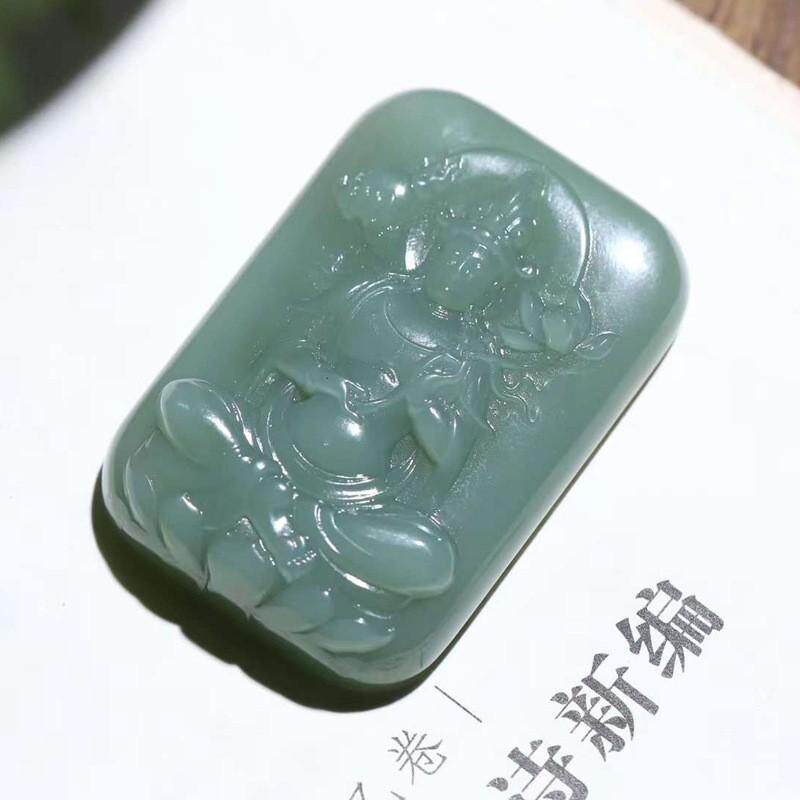 玉器工艺品天然新疆和田玉俄料碧玉老料鸭蛋青莲花观音吊坠男挂件