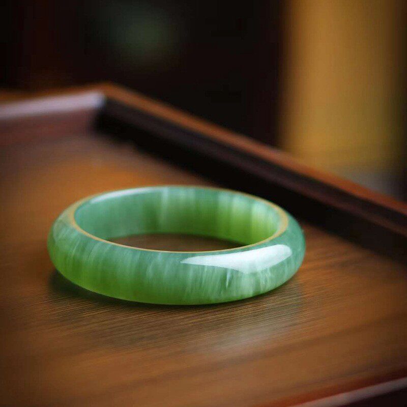 玉器工艺品天然新疆和田玉 俄料碧玉老料猫眼素面镯玉手镯女礼物