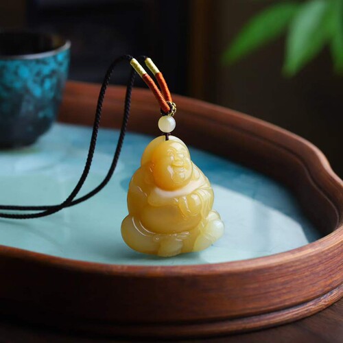 天然和田玉玉器工厂店俄料老料浅糖色玉石弥勒佛吊坠挂件配证书