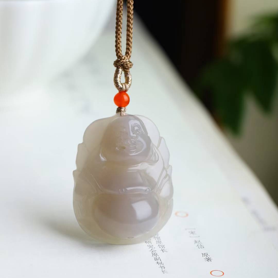 玉器工艺品天然新疆和田玉青海料老料烟紫色弥勒佛女款笑佛吊坠