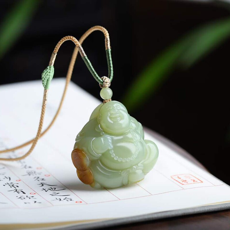 天然和田玉玉器工厂店新疆且末料老料俏糖色工艺品玉石弥勒佛吊坠