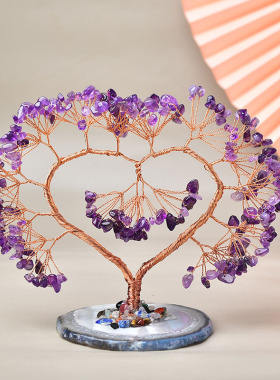 心形水晶发财树生命树 天然玛瑙底座碎石铜线发财树生命树装饰