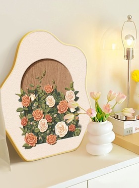 玫瑰花卉奶油风桌面小摆画复古床头柜电视柜摆台装饰画高级感挂画