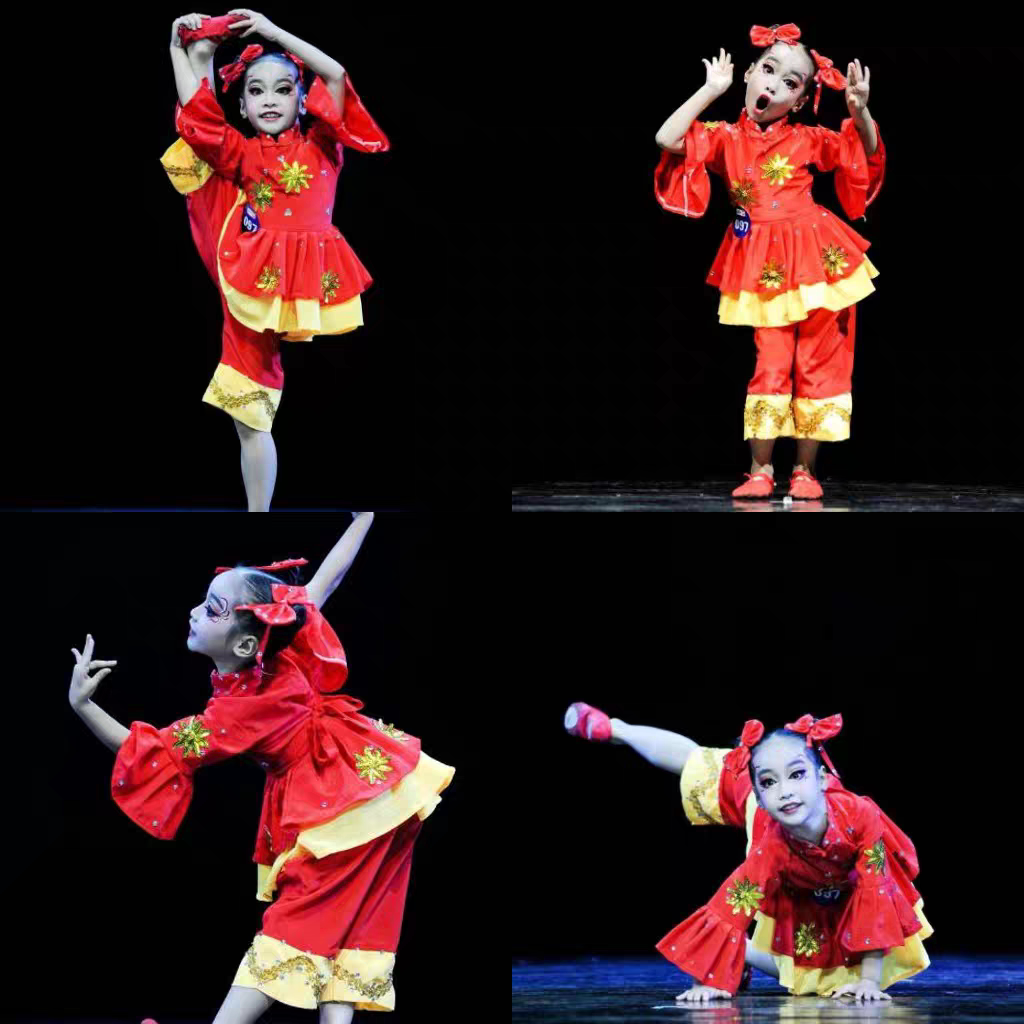 儿童独舞中国芭比演出服少儿桃李杯中国舞考级舞蹈服红色喜庆服装