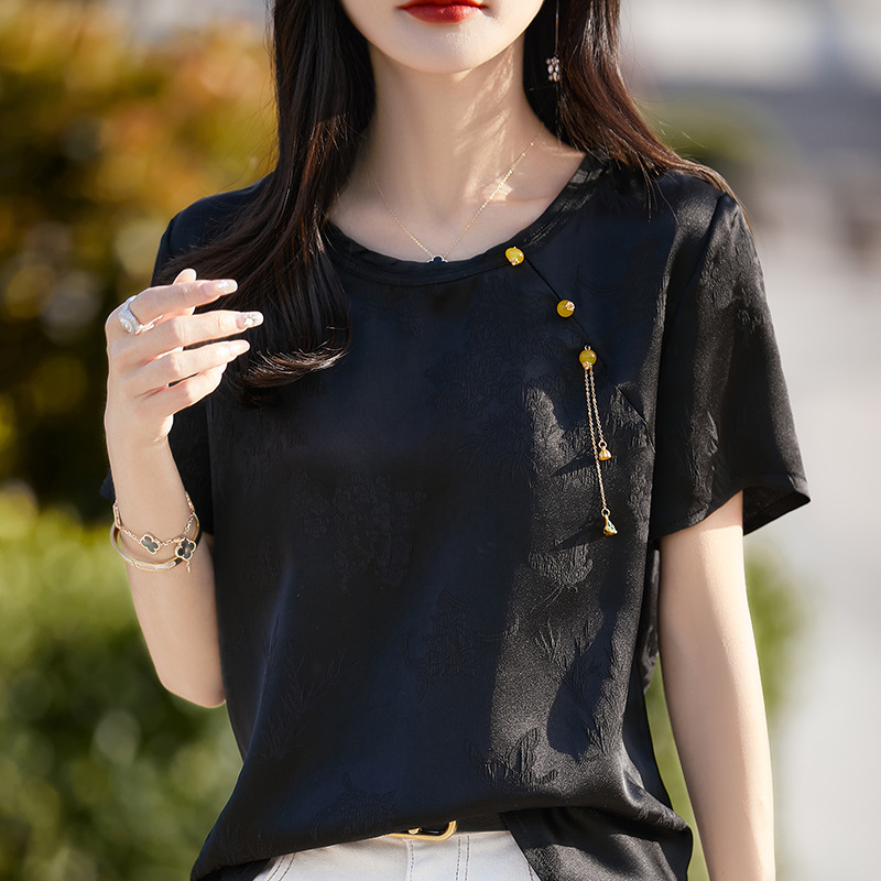 丝绸缎面2025年夏季新款女装圆领短款时尚T恤薄款打底衫国风短袖