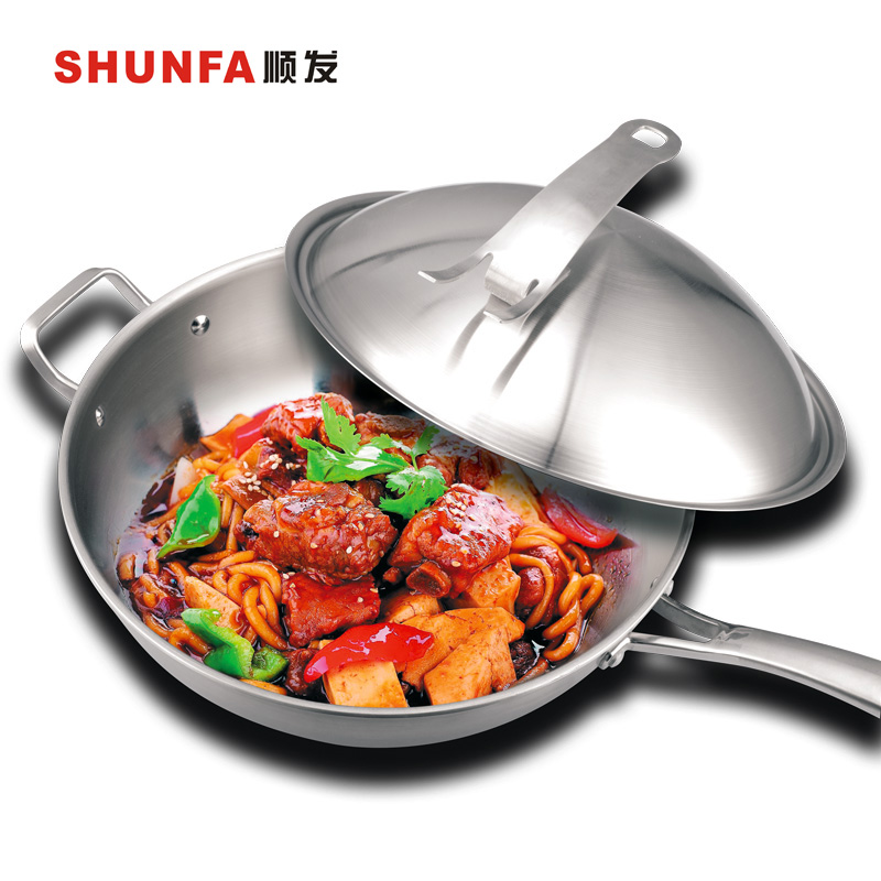 加厚节能304不锈钢三层钢炒锅