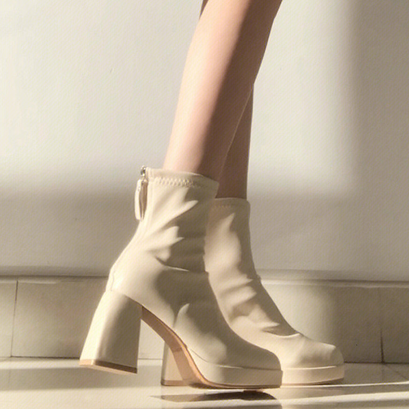 WESTERN-STYLE SMALL SHORT BOOTS WOMENS WATERPROOF PLATFORM HIGH-HEELED SMALL HEIGHT INCREASE AUTUMN AND WINTER NEW LEATHER SOFT WHITE BOOTS THICK-SOLED SHOES