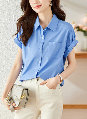 2026夏季新款蓝色纯棉衬衫女短袖宽松百搭白衬衣上衣通勤休闲气质