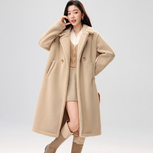 女装新款大衣羊羔绒摇粒绒翻领中长款大衣外套泰迪绒长款保暖大衣