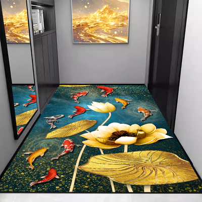 新中式竖版好运锦鲤地毯垫进门入户门口地垫客厅九鱼荷花防滑脚垫